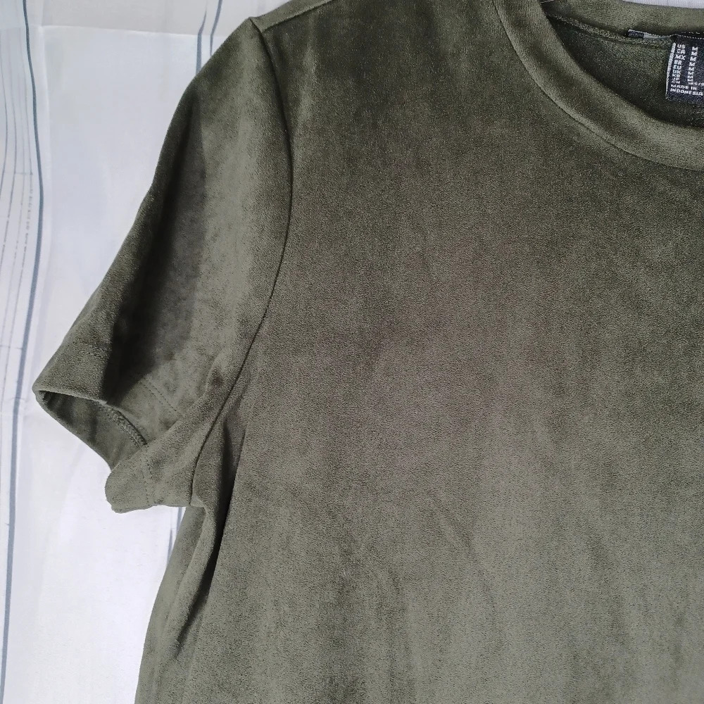 Forever 21 faux suede olive mini short-sleeve boho minimalist casual shirt dress - Picture 4 of 9